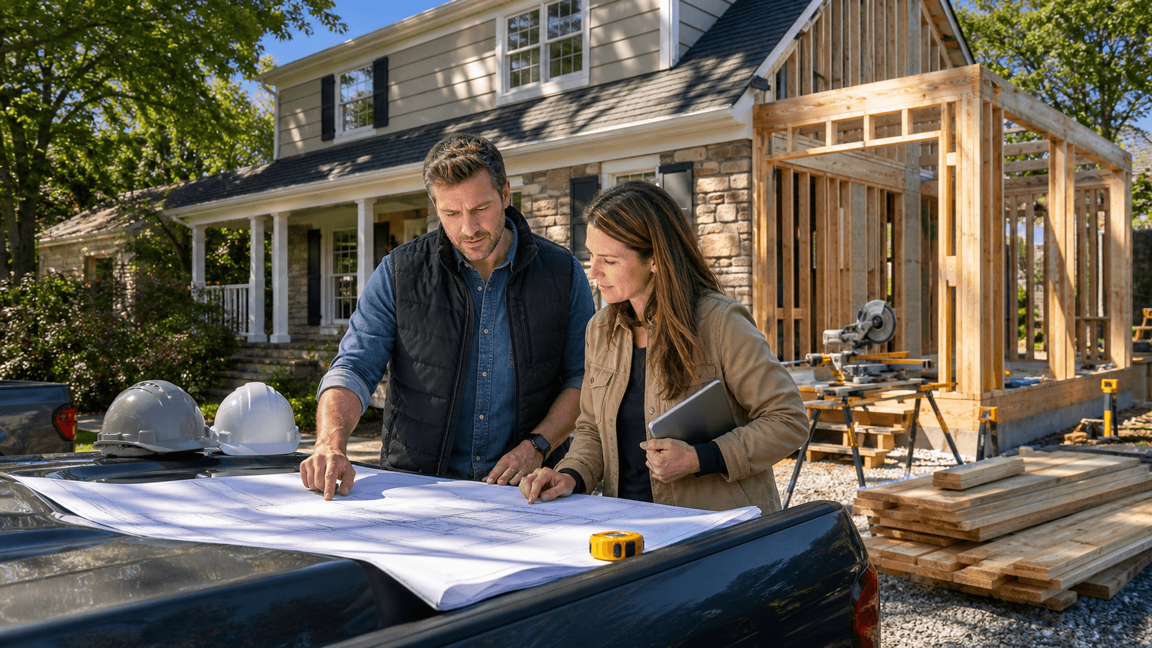 Modern suburban home with a sunlit rear addition, blueprints on a table in the foreground and tools nearby