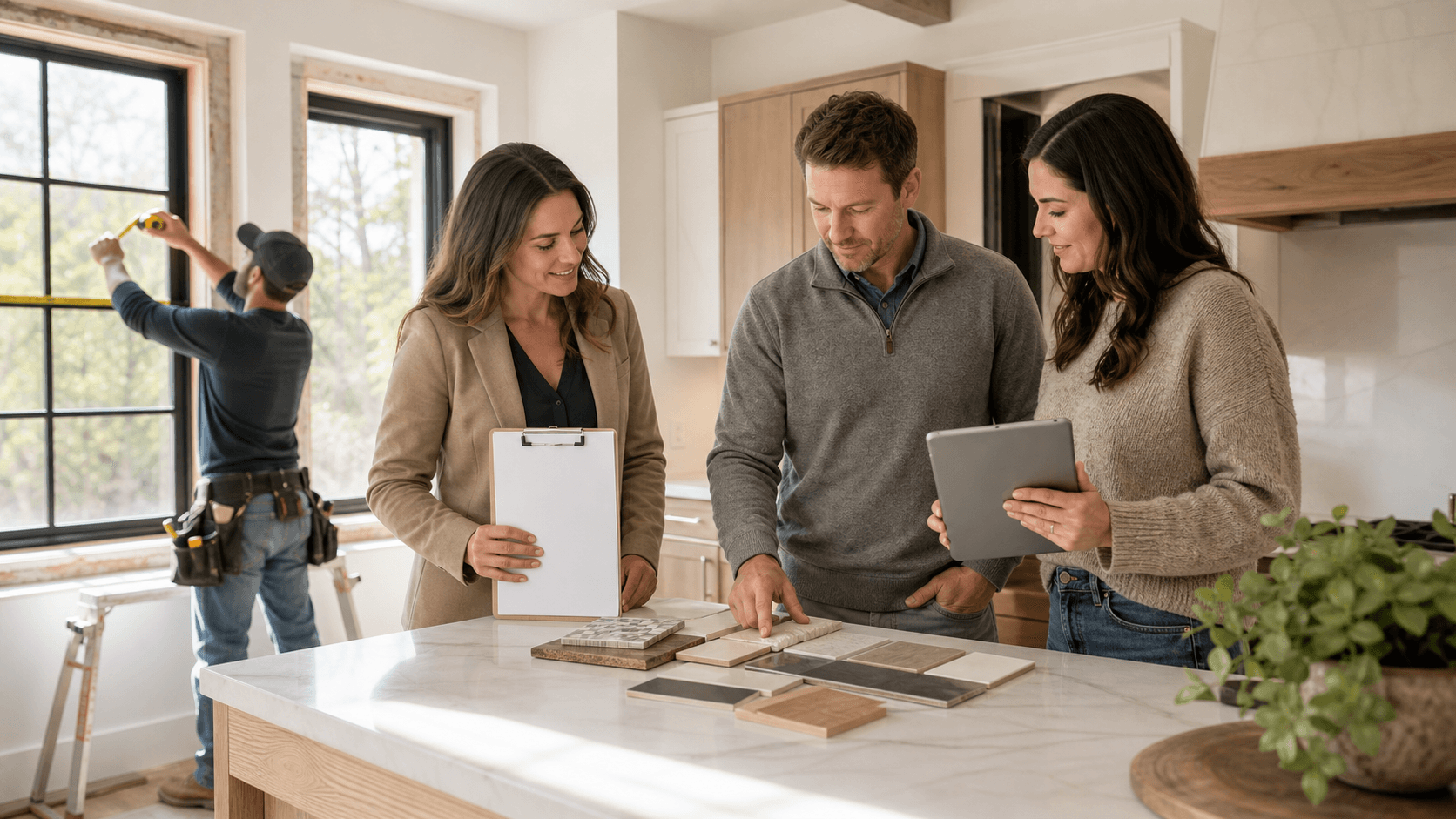 Contractor and homeowner reviewing blueprints at a sunlit table with tools, clipboard, and house sketch in view