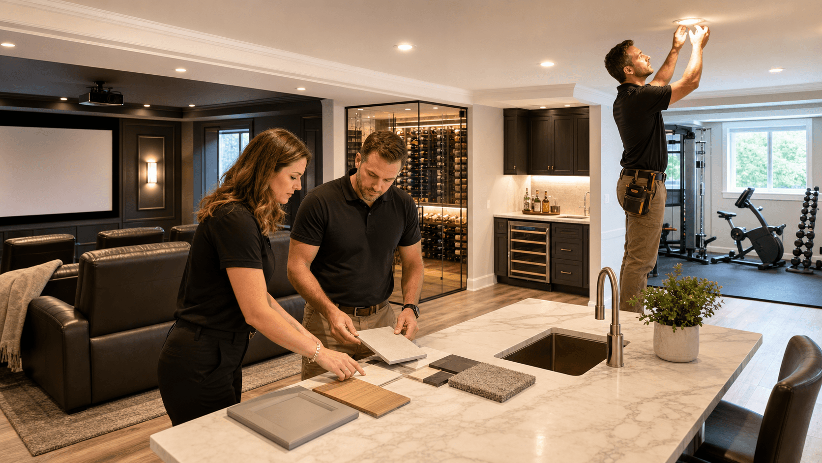 Modern luxury basement with a home theater seating, wet bar, and warm recessed lighting in neutral tones