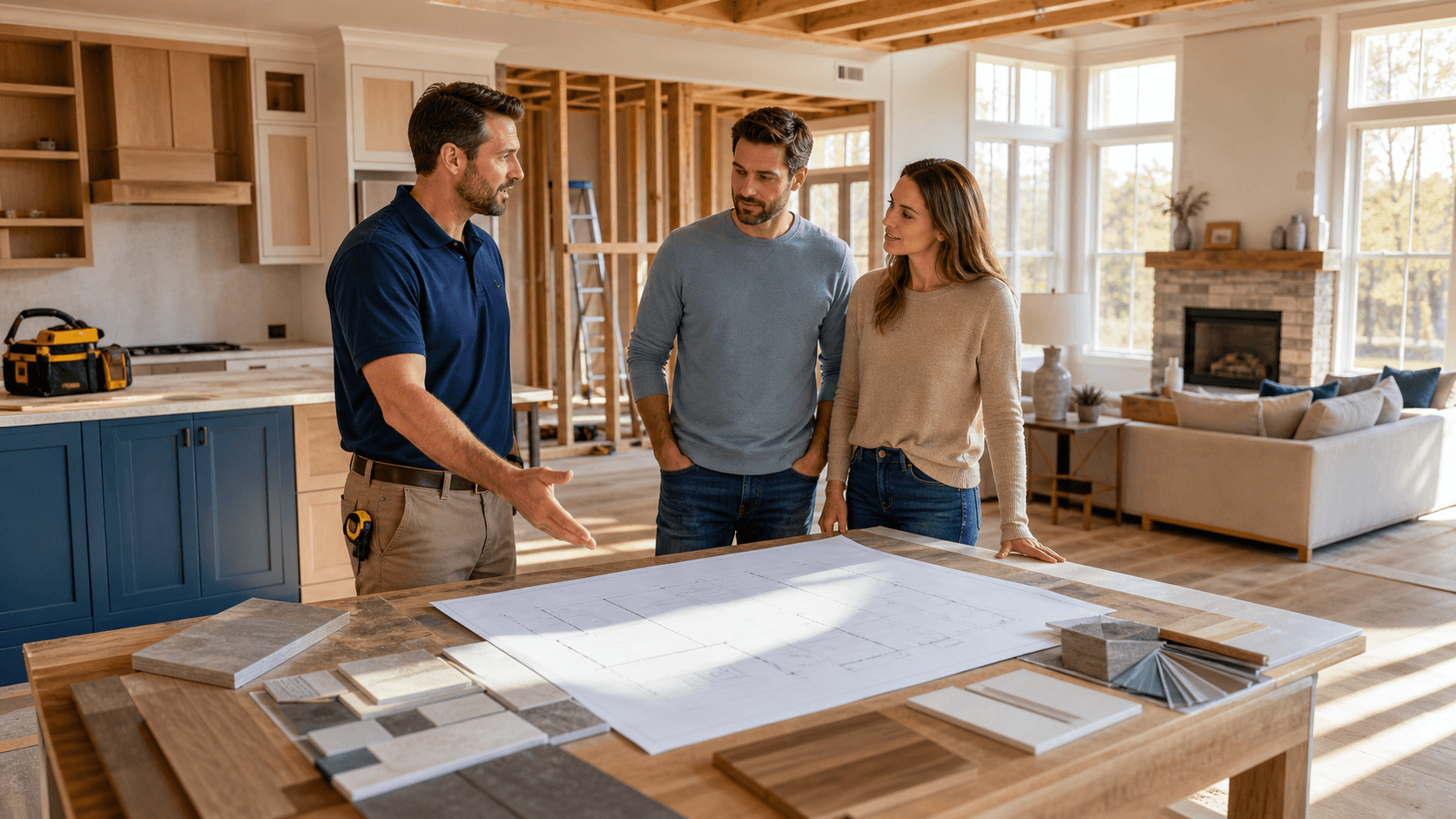 Contractor and homeowners review blueprints in a bright, partially renovated home.