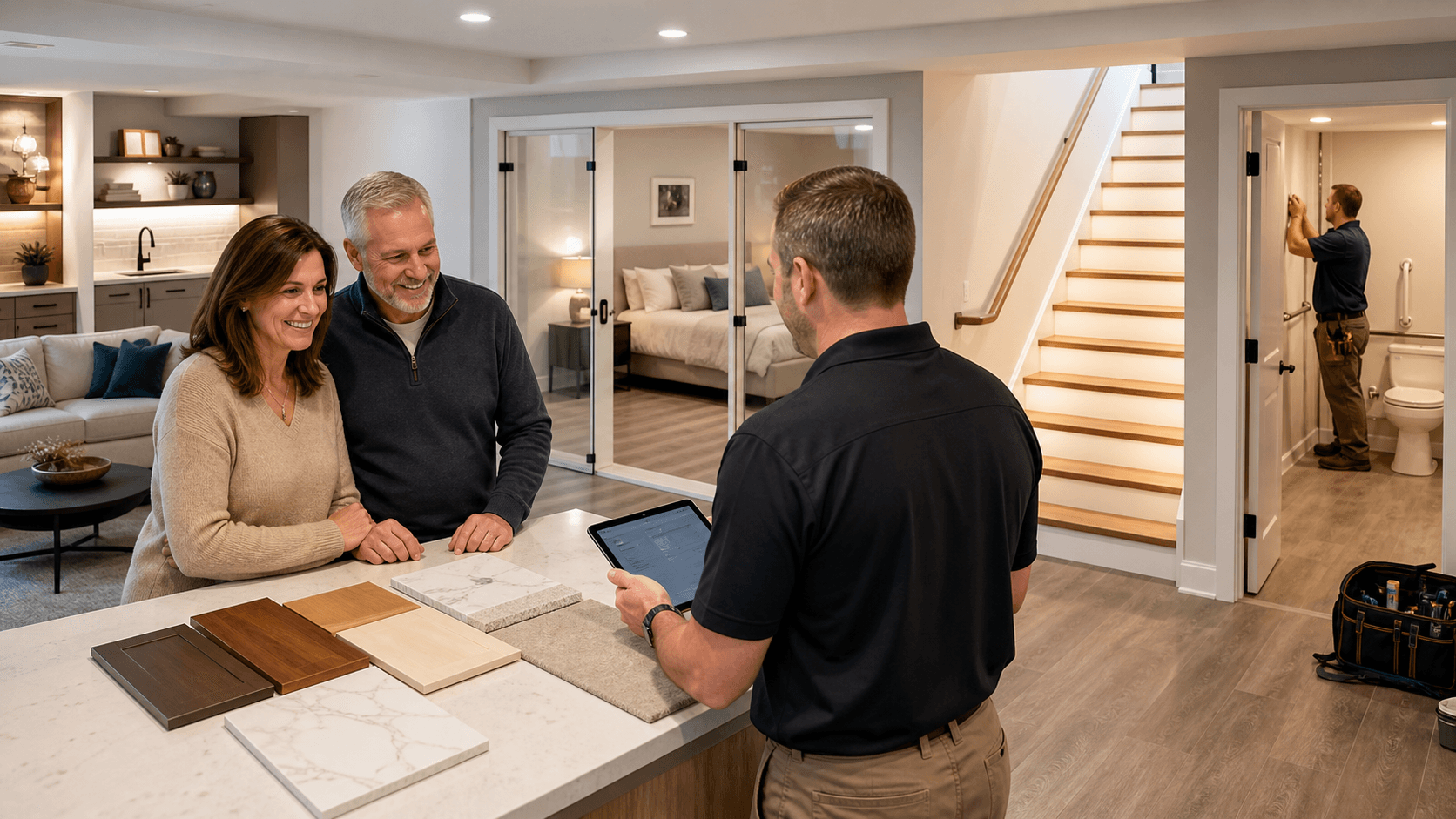 Modern finished basement with gray sectional, warm recessed lighting, kitchenette, and wood-look flooring.