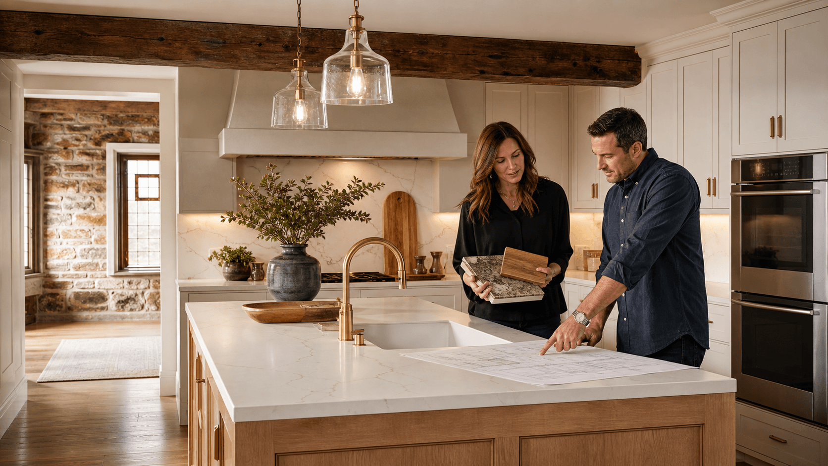 Bright white luxury kitchen with marble island, brass pendant lights, and warm hardwood floors in a historic home