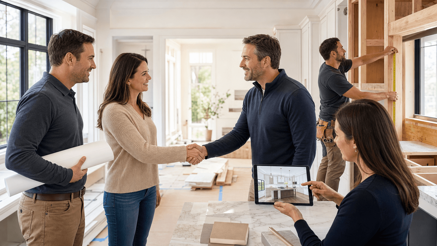 Modern kitchen renovation scene with blueprints on a table, warm lighting, and a contractor discussing plans with homeowners