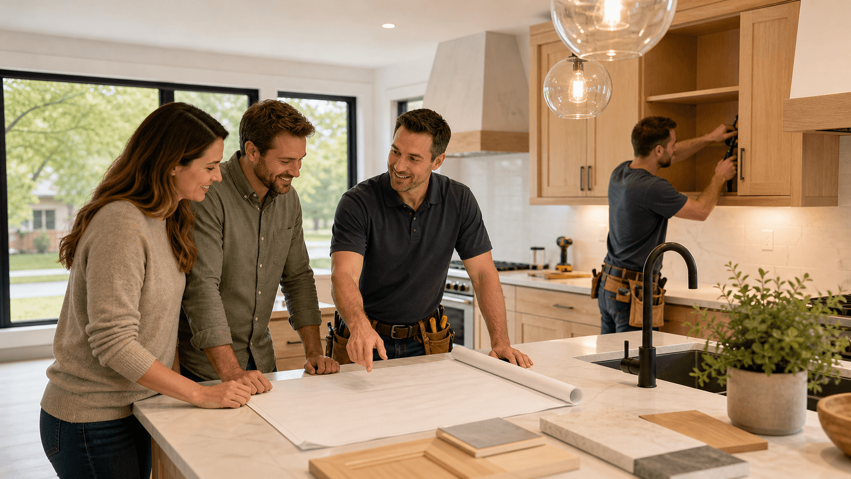 Smiling family reviews home plans with a contractor at a sunlit kitchen table.